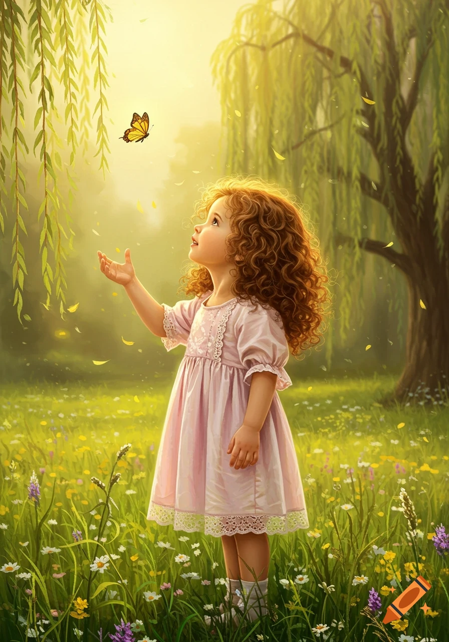 A little girl with curly red hair reaches for a yellow butterfly in a vibrant field of green grass and wildflowers under weeping willow trees, in a dreamlike, painterly style.