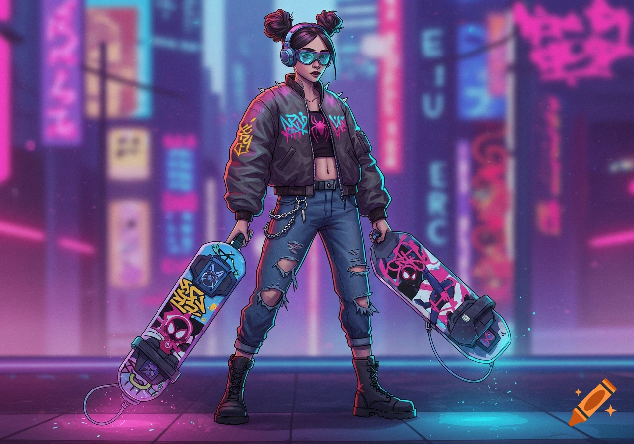 A stylized illustration of a young woman with space buns and headphones, wearing a bomber jacket and ripped jeans, holding two hoverboards in a neon-lit futuristic city.