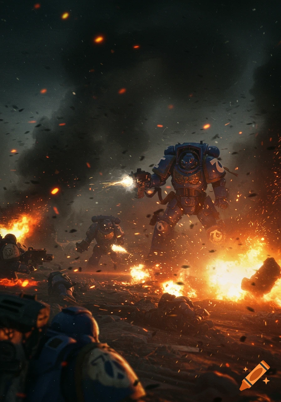 Blue armored Space Marines in a chaotic, fiery battle, with explosions, smoke, and sparks amidst a dark, gritty landscape.