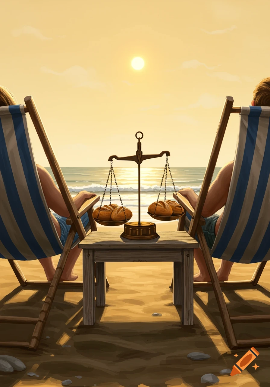 An illustration of two people in beach chairs at sunset, with a scale balancing bread on a table between them.