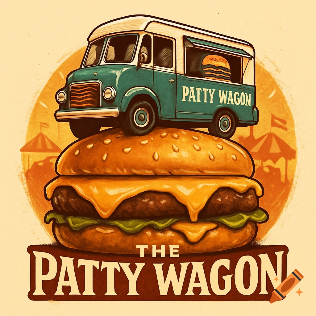 Retro cartoon logo: teal food truck, "PATTY WAGON", on a cheesy burger, with "THE PATTY WAGON" text.