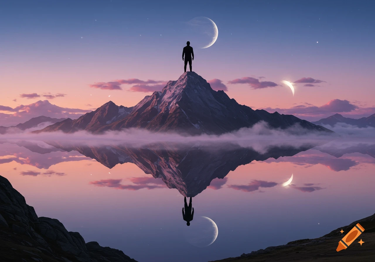 Silhouette of a person on a mountain reflected in water under a sunset sky with multiple moons.