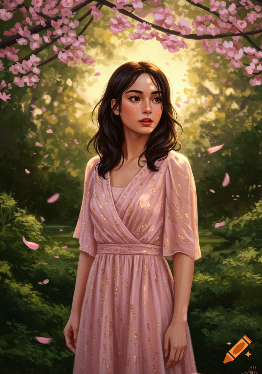 A portrait of a young woman in a pink dress standing under cherry blossoms in a lush garden.
