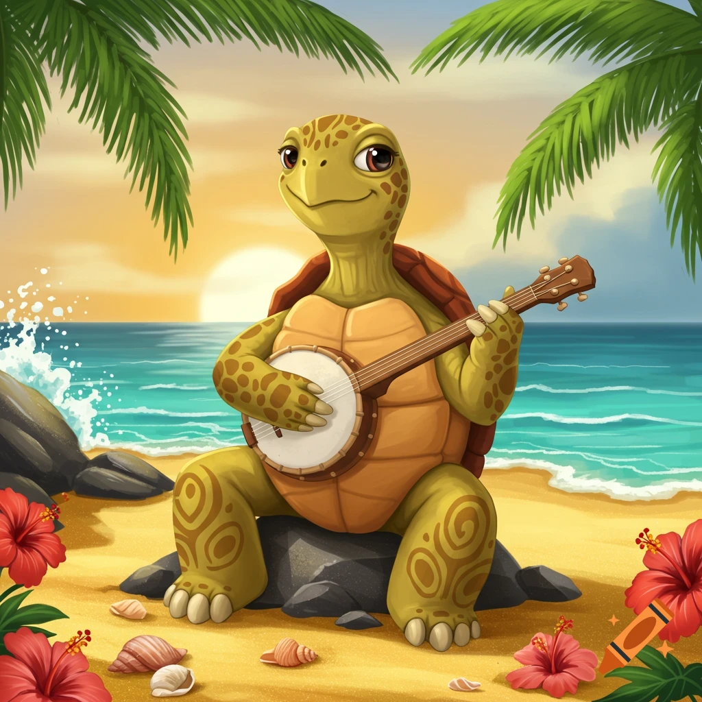 A cartoon turtle sits on rocks on a sandy beach at sunset, playing a banjo. Palm trees and red hibiscus flowers frame the scene.