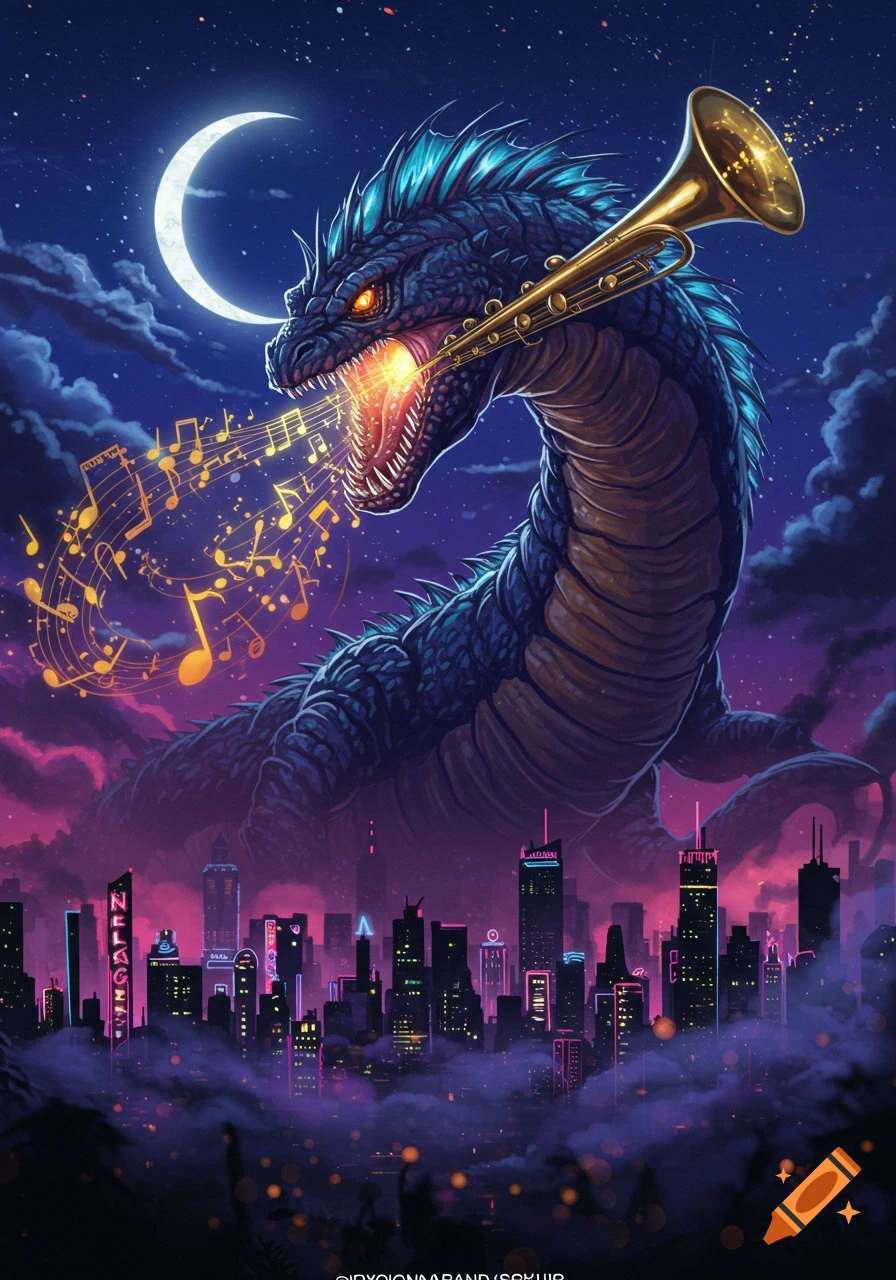 A giant blue dragon plays a golden trumpet, emitting glowing music notes over a vibrant, neon-lit city at night under a crescent moon.