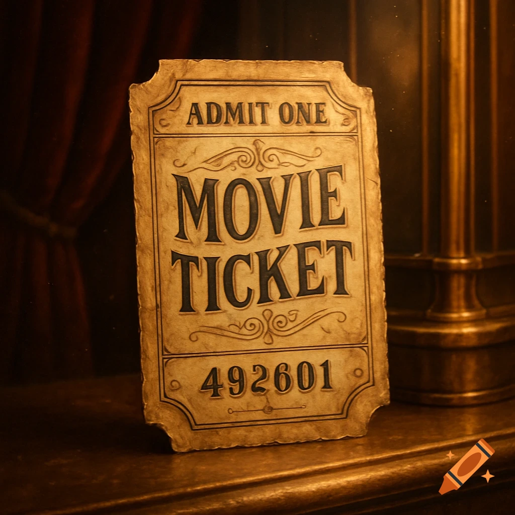 A close-up of a vintage-style movie ticket with the words 'ADMIT ONE' and 'MOVIE TICKET' printed on it, resting on a dark, reflective surface.