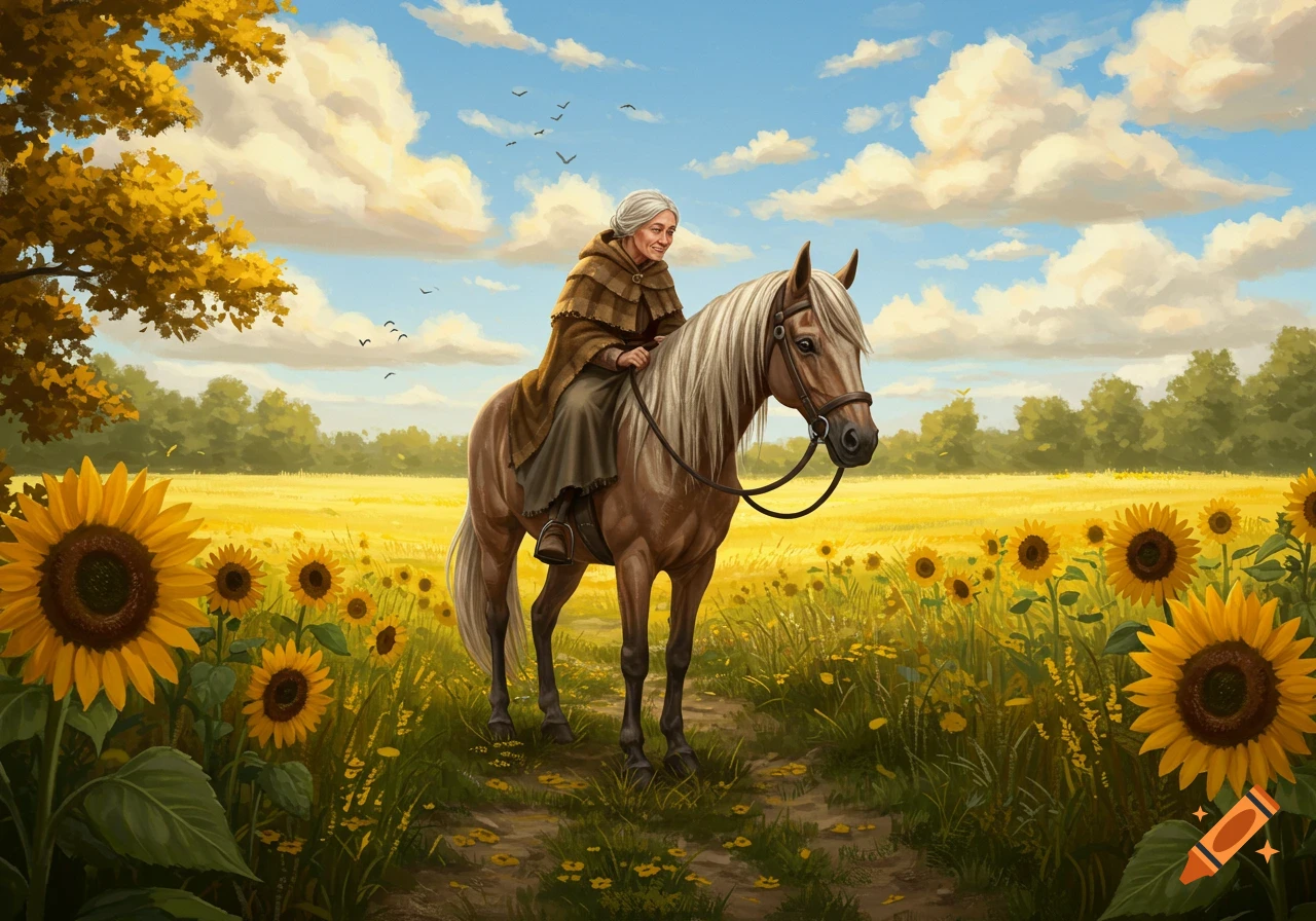 An old woman rides a brown horse through a sunny field of sunflowers under a cloudy blue sky, in a painterly style.