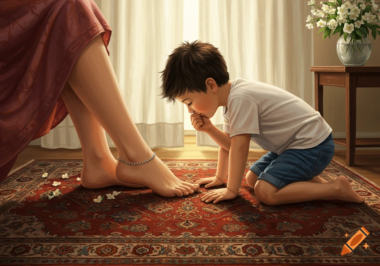 A young boy kneels on a patterned rug, head bowed, touching the bare foot of a person wearing an anklet, in a sunlit room.