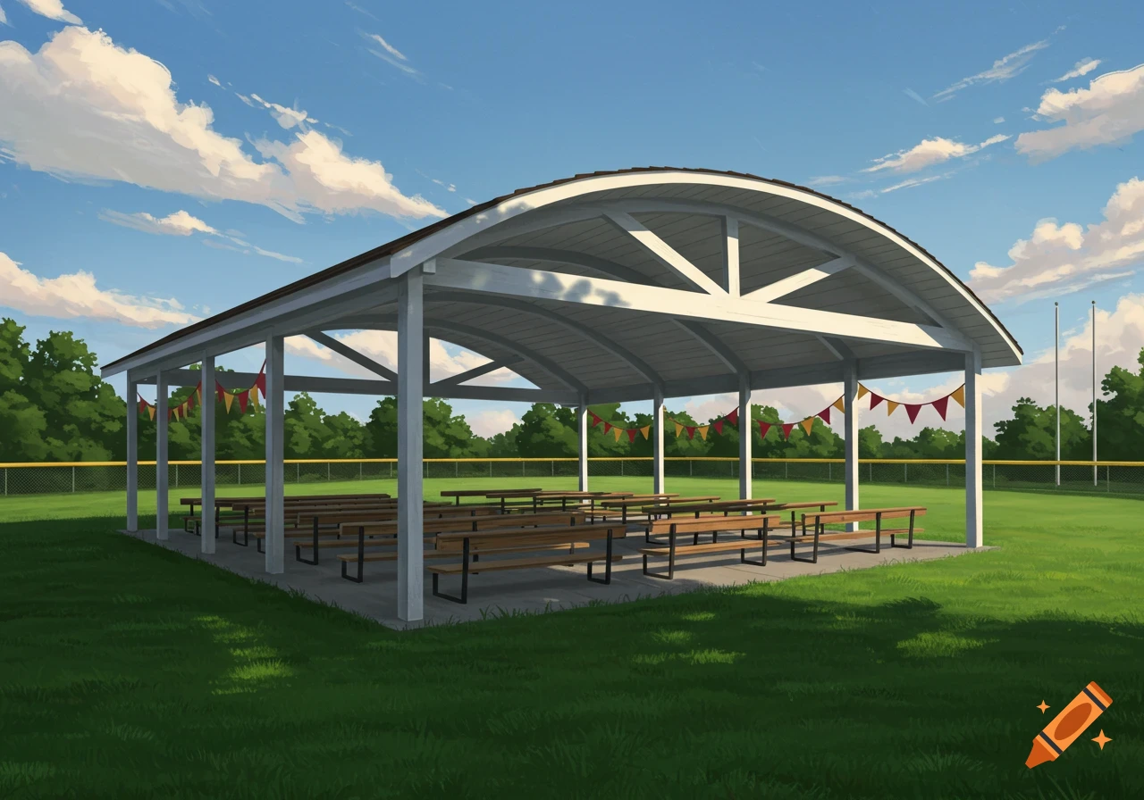 A white pavilion with picnic tables stands on a green baseball field under a blue sky with clouds. Bunting hangs from the pavilion.