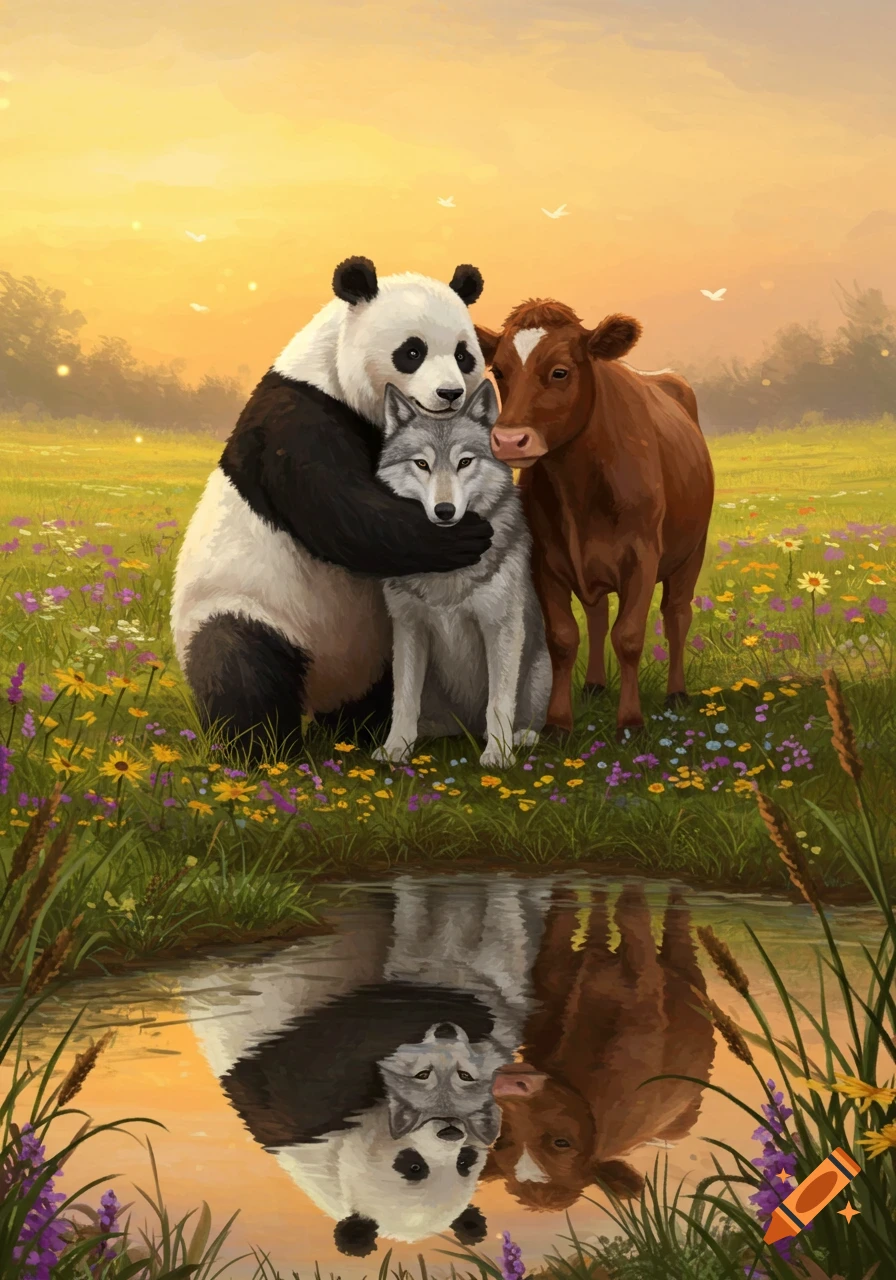 A panda, a wolf, and a cow embracing in a field of wildflowers by a reflective pond at sunset, in an illustrative style.