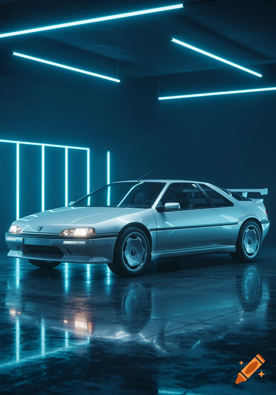 A silver sports car parked in a dark garage illuminated by bright blue neon lights, reflecting on the wet floor.