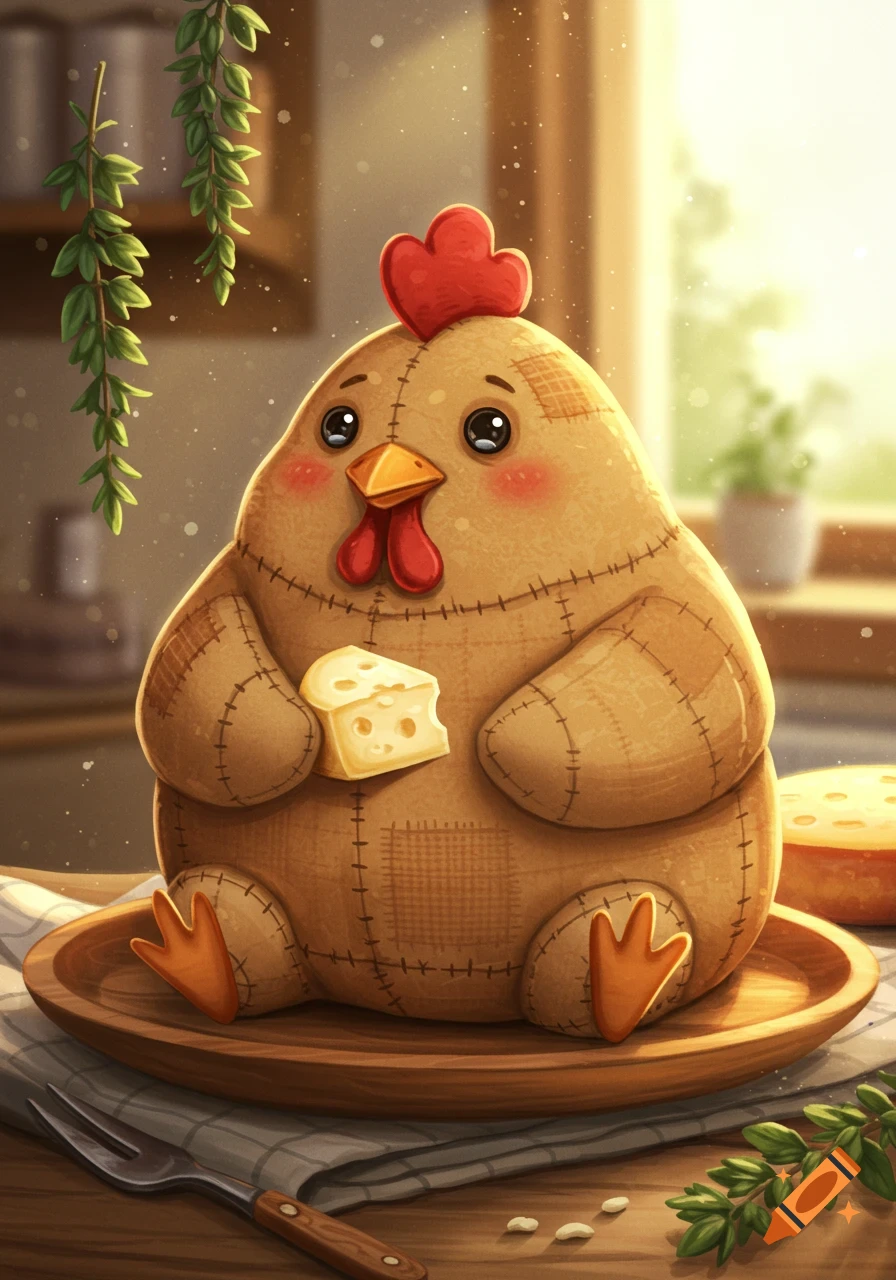 A cute, plump stuffed chicken plush toy with stitched seams sits on a wooden plate, holding a piece of yellow cheese.