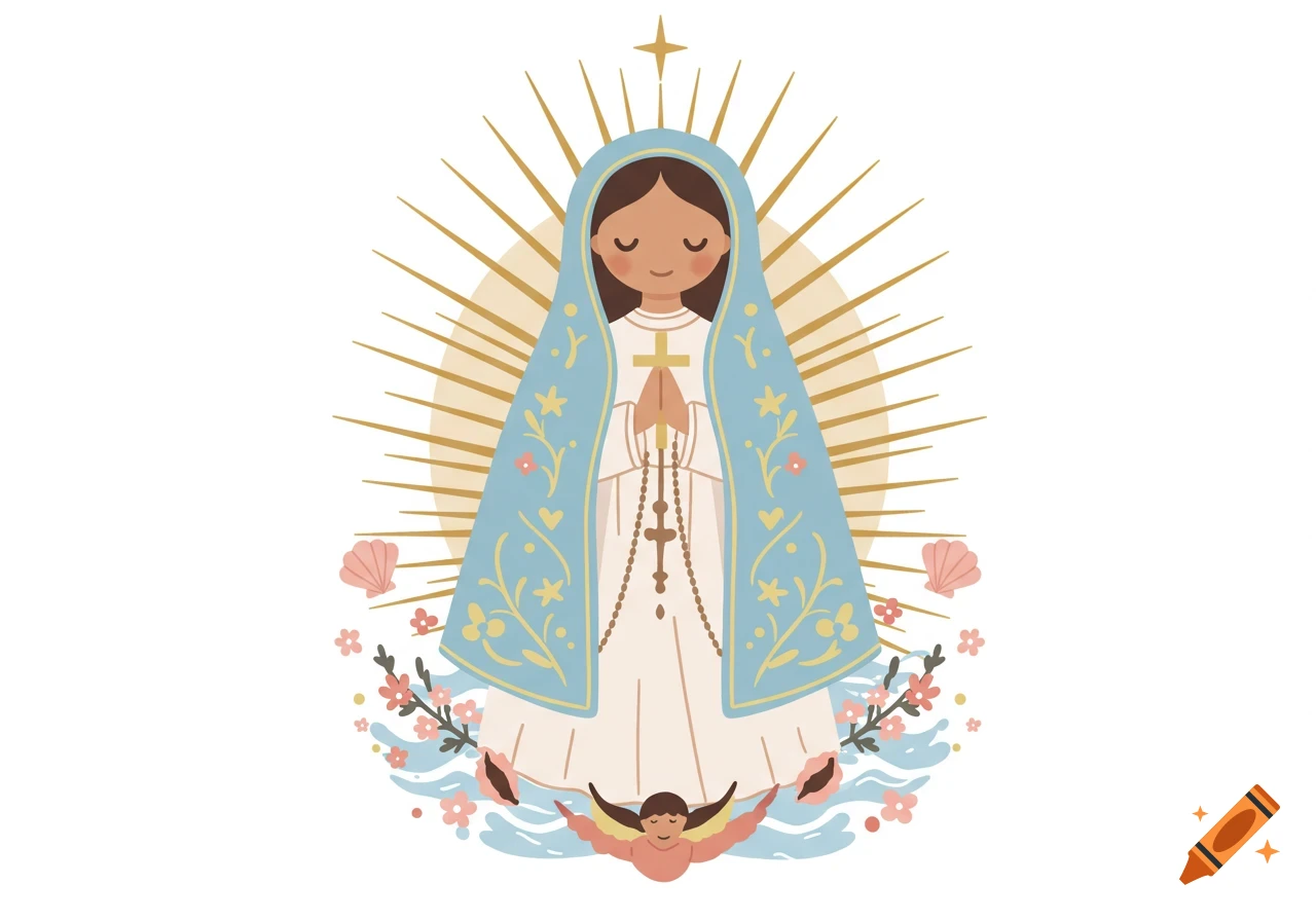 Cute minimalist cartoon of the Virgen del Valle in a blue mantle, holding a rosary and golden cross, with a halo, flowers, and shells.