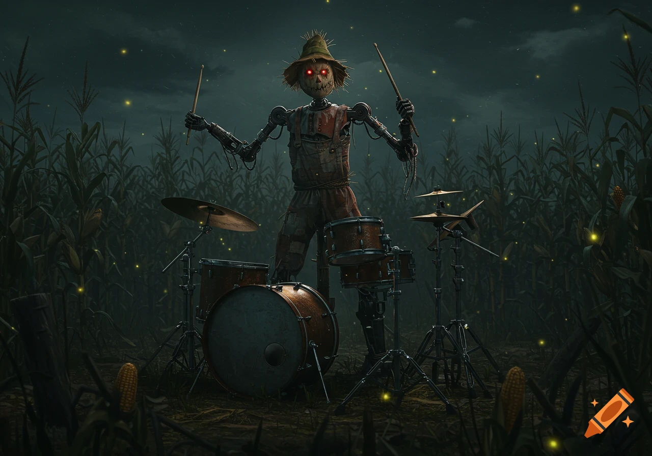 A photorealistic robotic scarecrow with glowing red eyes holds drumsticks over a drum set in a dark cornfield illuminated by fireflies.