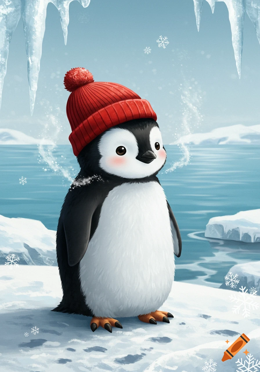 A cute illustrated penguin wearing a red knitted hat stands in a snowy arctic landscape with icicles, snow, and a calm blue sea in the background.