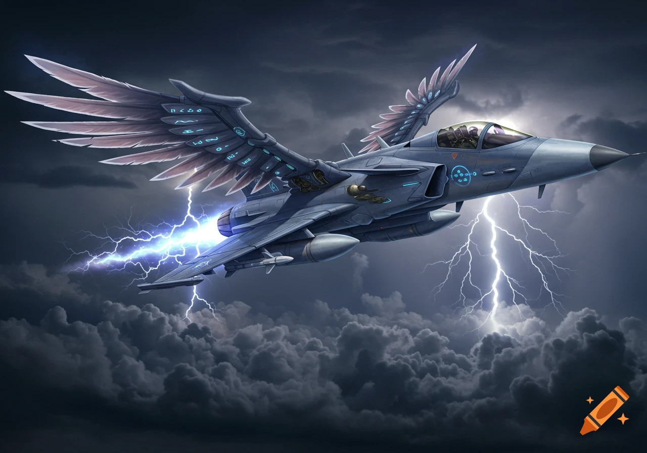 A magical jet aircraft with glowing bird-like wings and runes, flying through a dark, stormy sky with lightning.