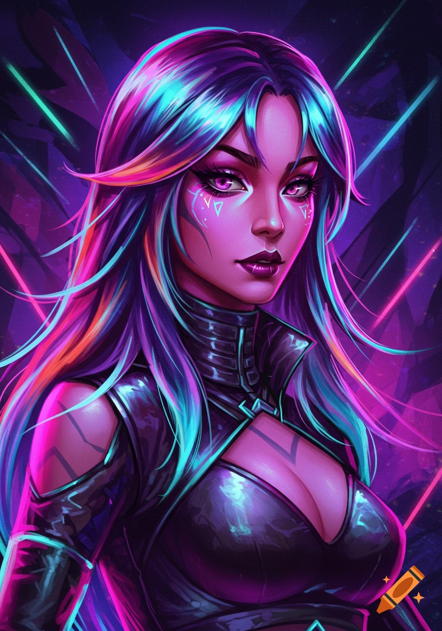 Vibrant digital portrait of a woman with glowing purple eyes and multi-colored neon hair, wearing a black futuristic outfit, against a dark background with bright neon lines.