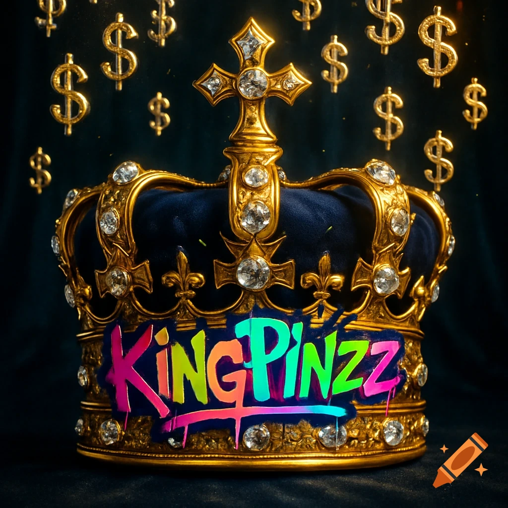 A detailed gold crown adorned with jewels and the word KINGPINZZ in bright colors, with golden dollar signs falling around it.