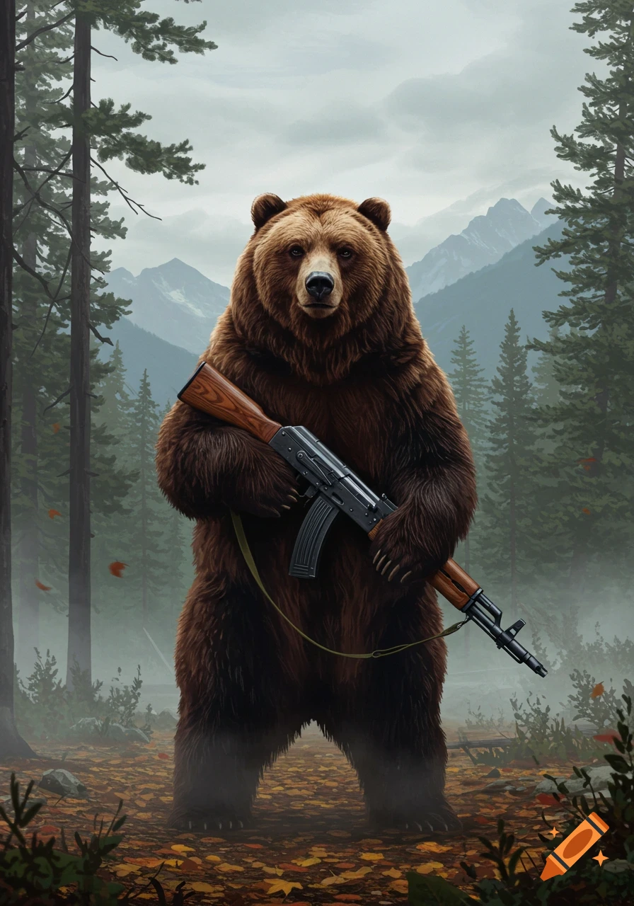 A large brown bear stands upright in a forest, holding an AK-47 assault rifle, in a detailed digital painting.