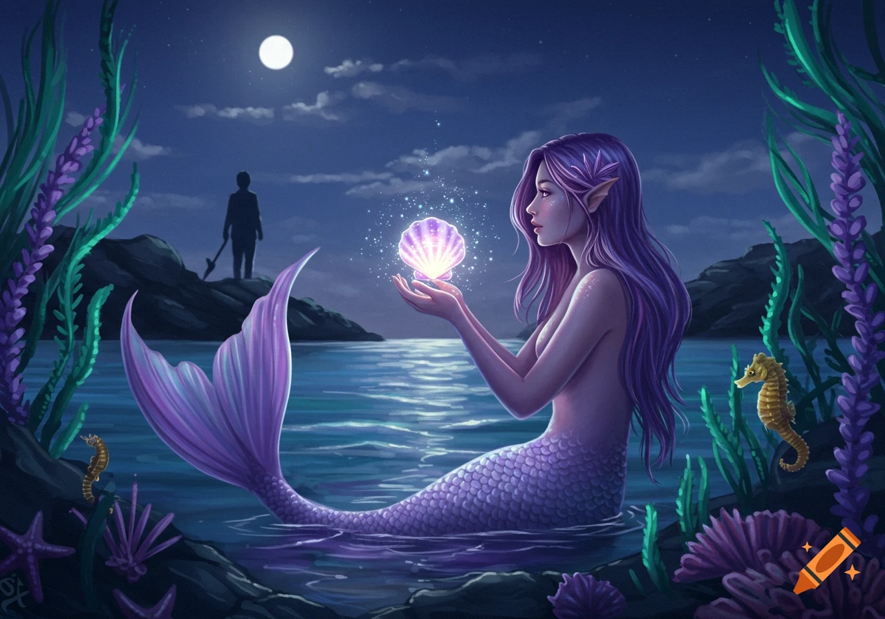 A purple-haired mermaid in a nighttime sea holds a glowing shell, looking towards a distant figure on the shore. Lush purple plants and sea creatures are in the foreground.