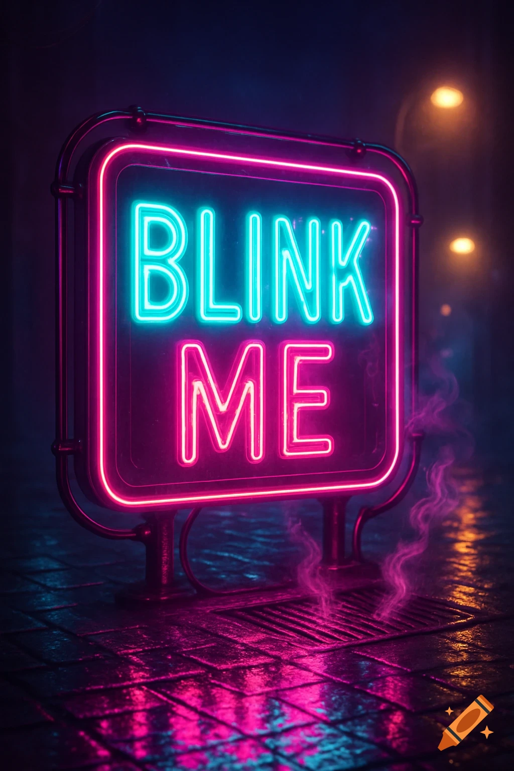 A glowing pink and blue neon sign reads 'BLINK ME' on a wet, reflective surface in a dark, urban setting.