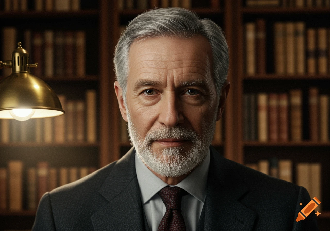 Photorealistic portrait of a distinguished gray-haired man with a beard, looking at the camera in a library setting.