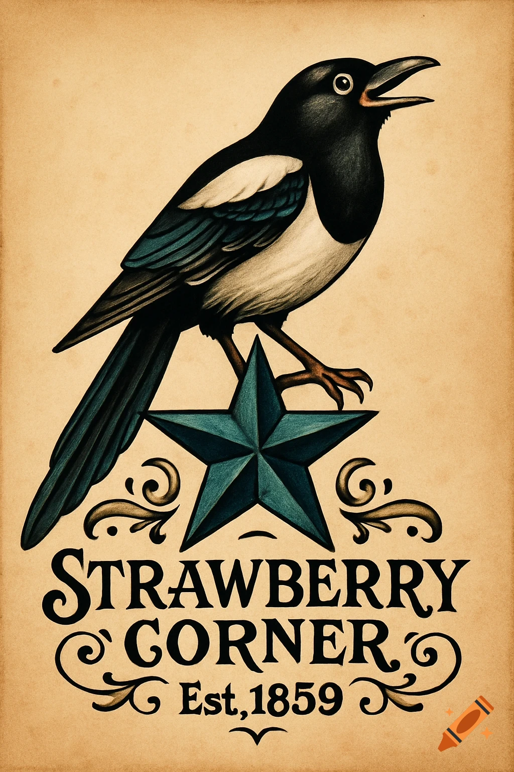 Traditional tattoo design of a magpie perched on a blue star with "Strawberry Corner Est,1859" on a beige background.