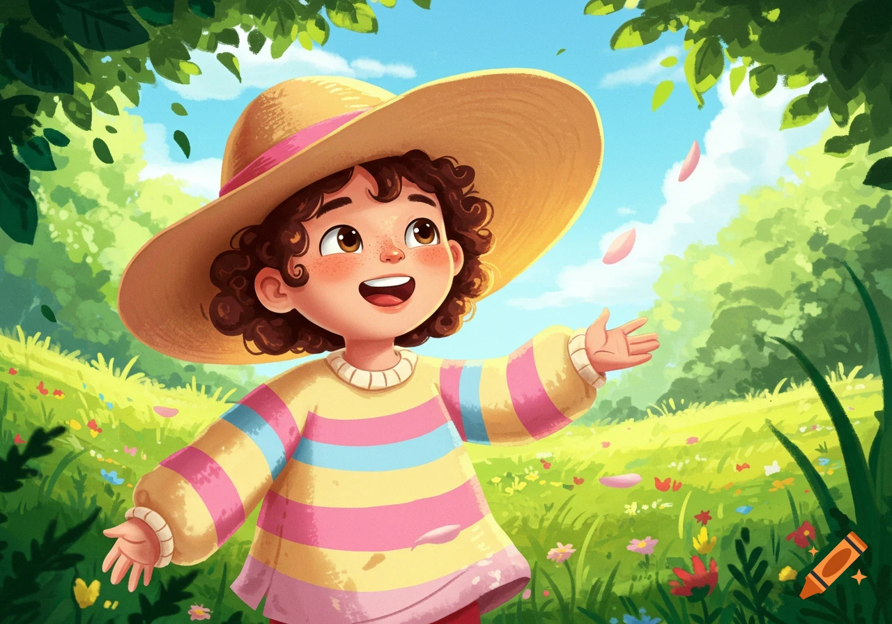 A happy cartoon child with curly brown hair and a straw hat smiles in a vibrant green field with flowers, reaching out.