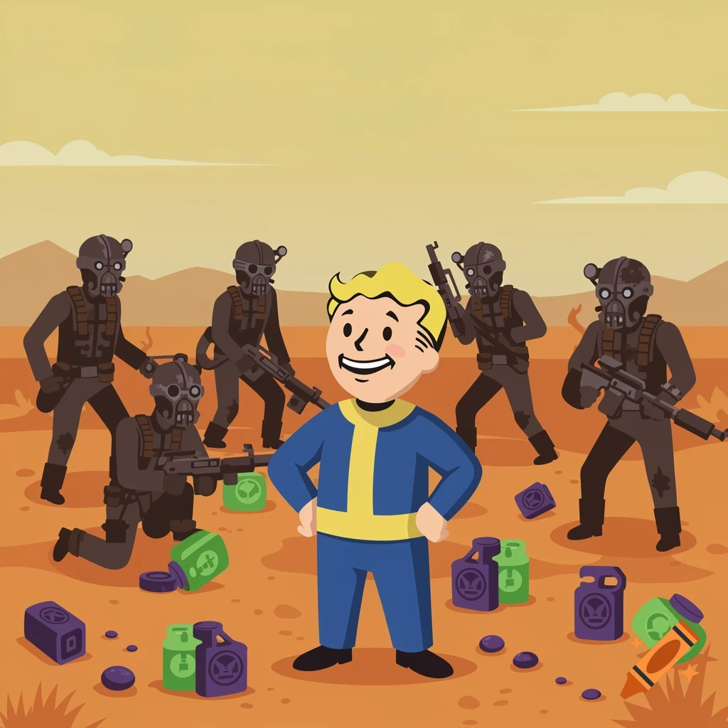 A stylized illustration of Vault Boy standing confidently in a wasteland surrounded by several armed raiders and scattered containers of 'chems'.
