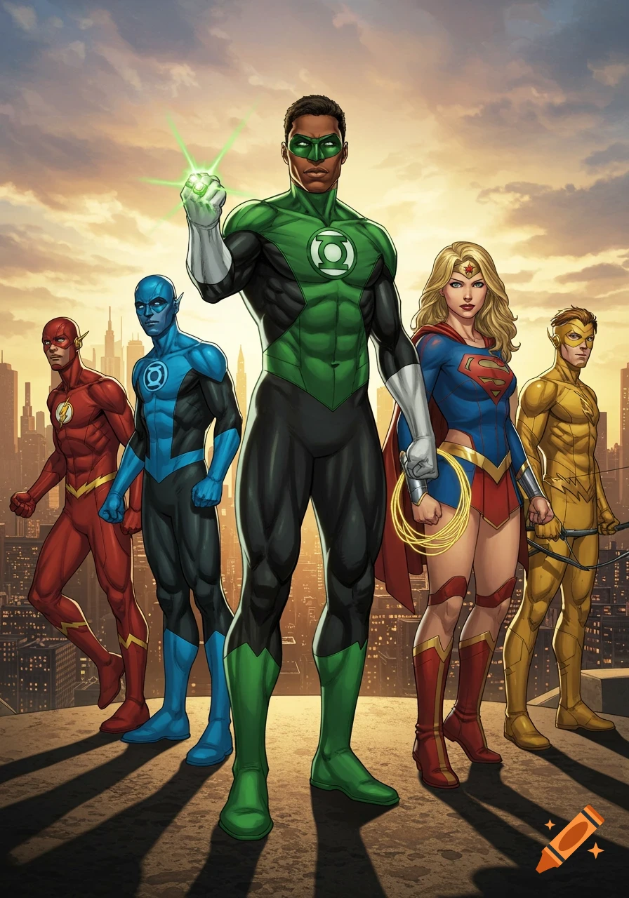 A team of diverse superheroes including Green Lantern, The Flash, Supergirl, and a Blue Lantern stand on a rooftop overlooking a city at sunset in a comic book art style.