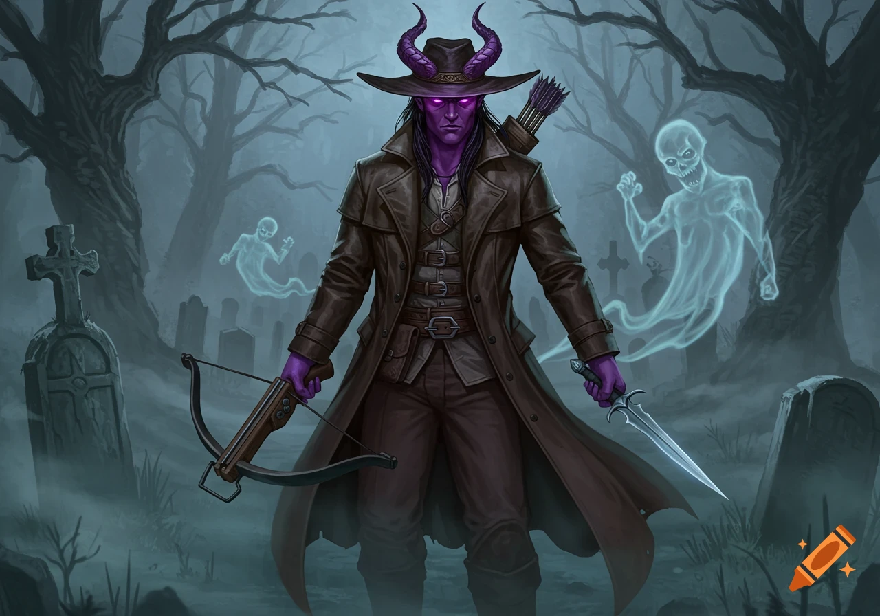 A purple-skinned male tiefling in a brown trench coat and hat stands in a foggy cemetery with ghosts, holding a crossbow and glowing dagger. Digital illustration.