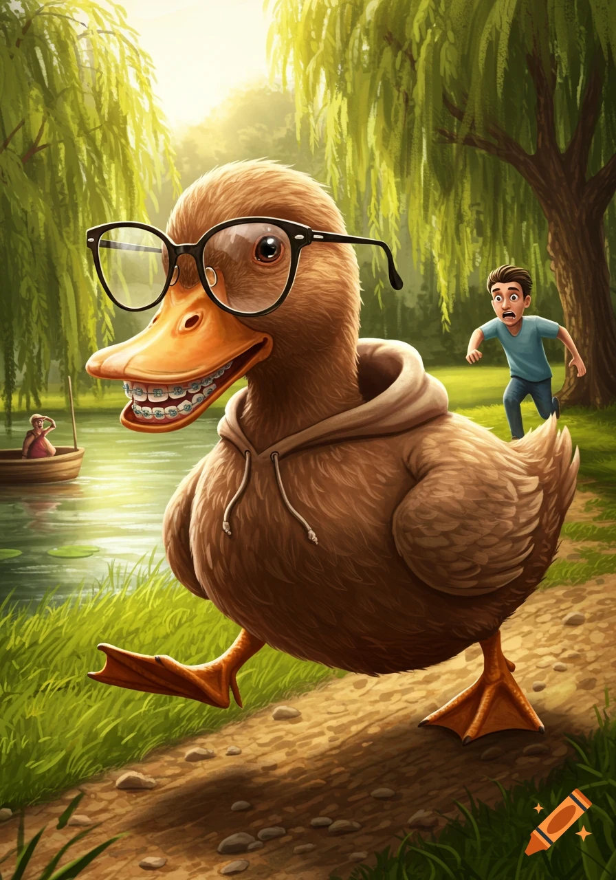 Cartoon brown duck wearing glasses, braces, and a hoodie walks on a path as a man runs away in a park.