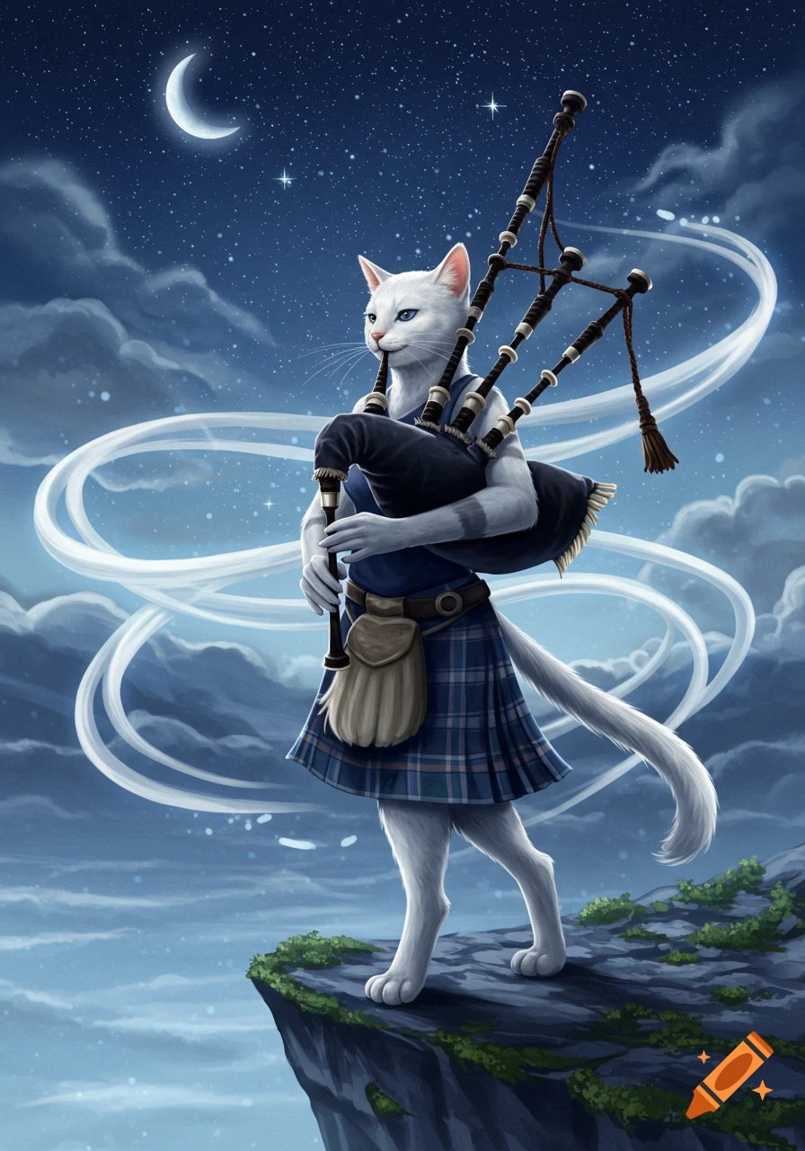 An anthropomorphic white cat in a kilt plays bagpipes on a cliff edge under a crescent moonlit, starry night sky.