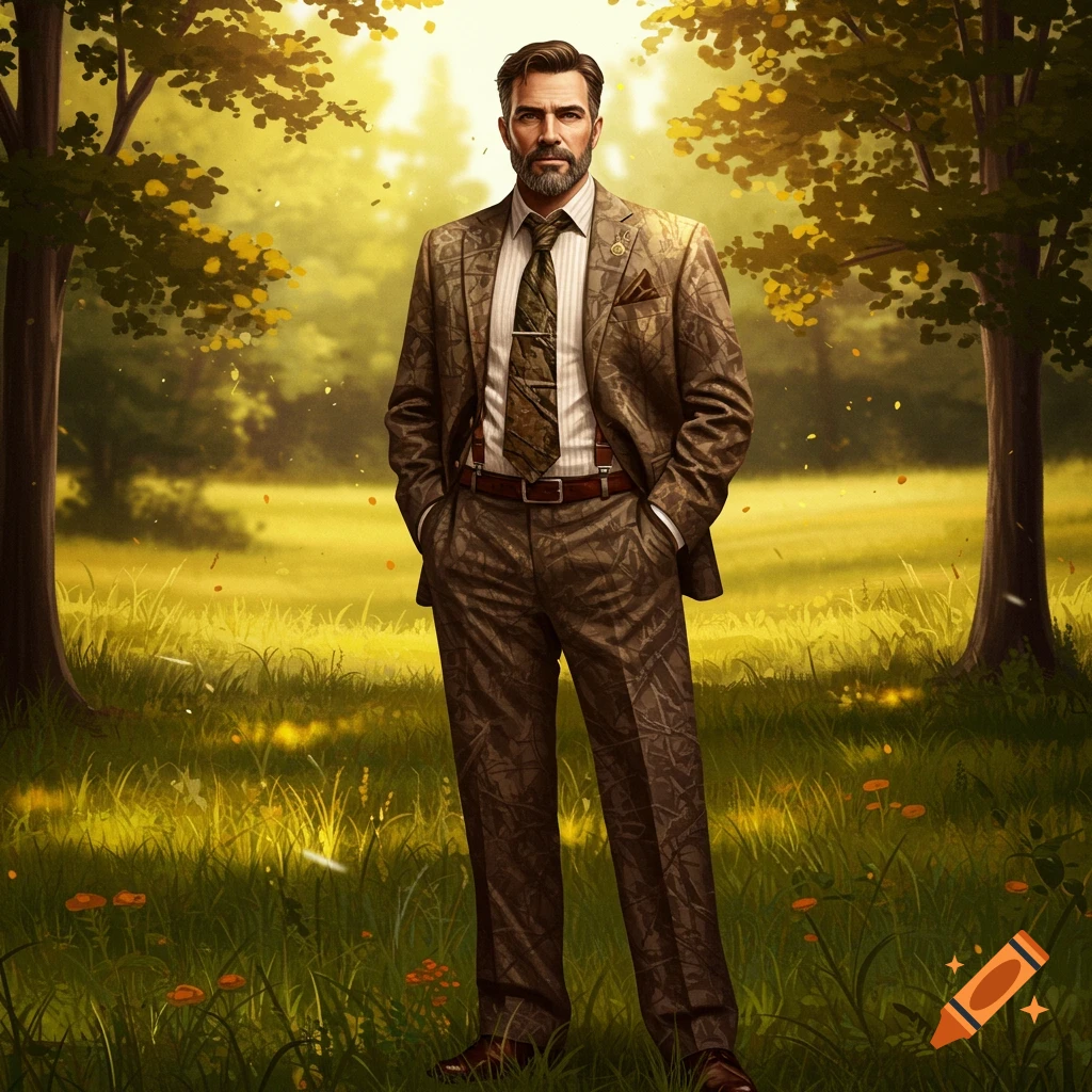 A man with dark brown hair and a goatee stands in a sunlit grassy field with trees, wearing a camouflage-patterned suit.