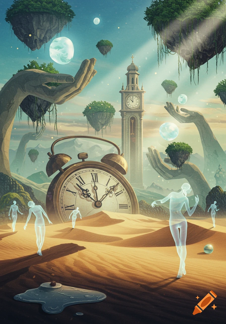 Surreal illustration of translucent figures in a desert with a giant alarm clock, a clock tower, and floating islands with large stone hands.