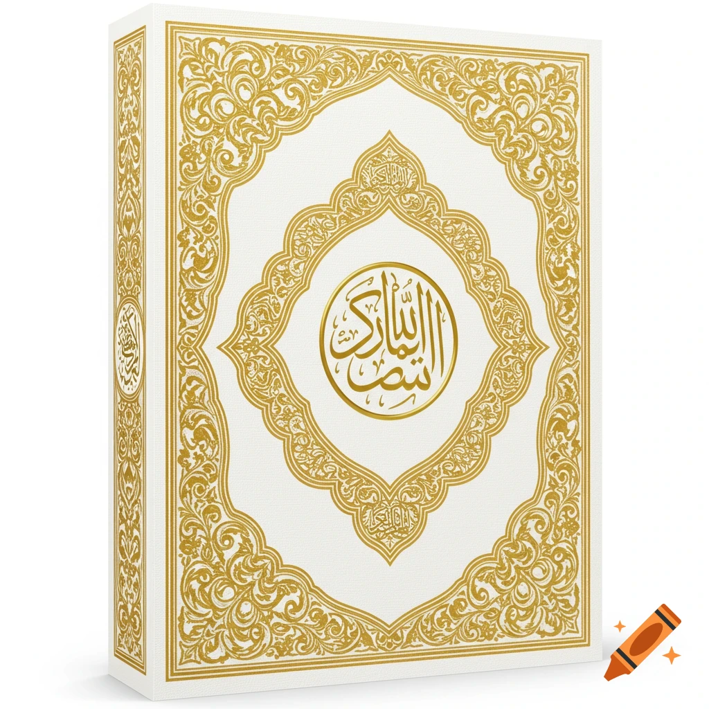 A white book with an elaborate gold Islamic design and Arabic calligraphy on the cover, presented at an angle.