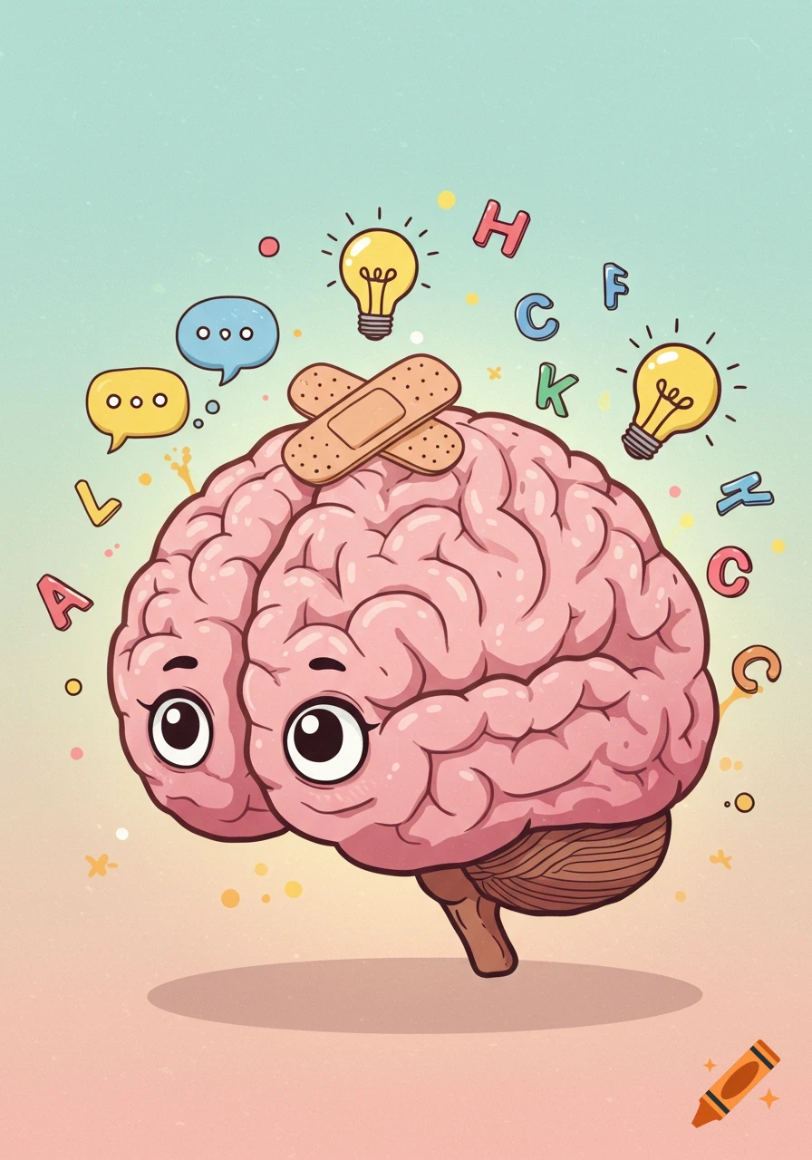 A cute cartoon pink brain with large eyes and a band-aid on top, surrounded by floating lightbulbs, speech bubbles, and colorful letters.