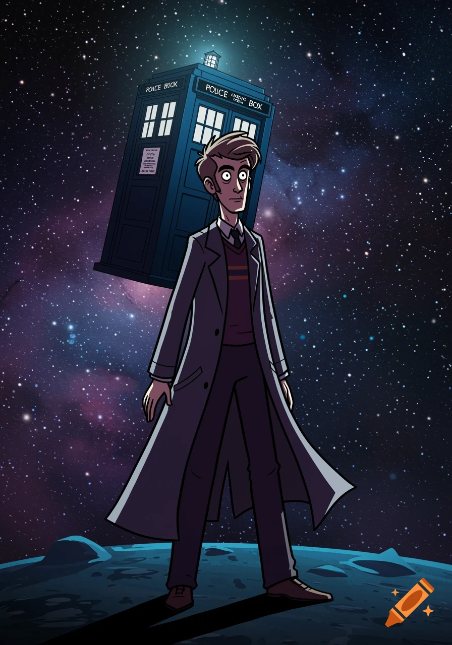 Cartoon Doctor Who stands on a moon-like surface with the TARDIS floating behind him in space.