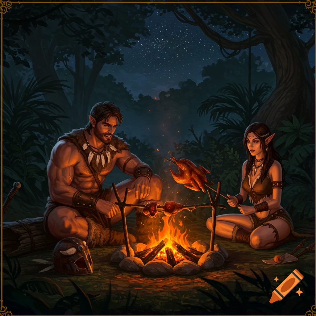 A male barbarian and a female elf roast birds over a campfire in a dark prehistoric jungle at night, in a fantasy illustration style.