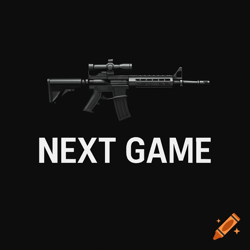 A black background with a stylized assault rifle at the top and the white text 'NEXT GAME' below it.