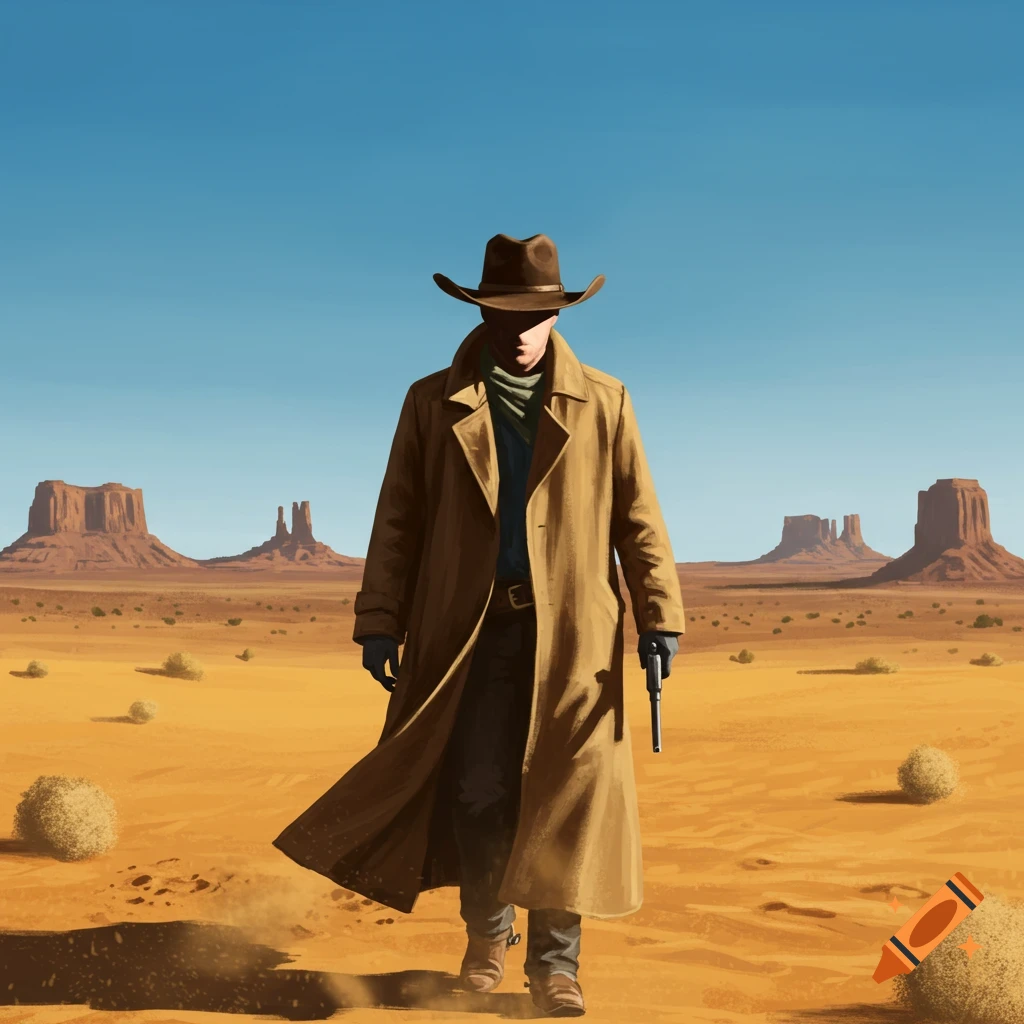 A man in a brown trench coat and cowboy hat walks across a vast desert landscape with large rock formations under a clear blue sky.