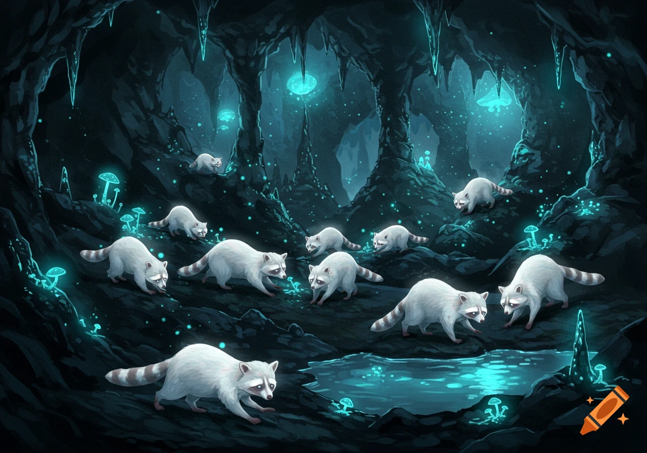 A group of albino raccoons exploring a dark, glowing blue cave with bioluminescent mushrooms and stalactites.
