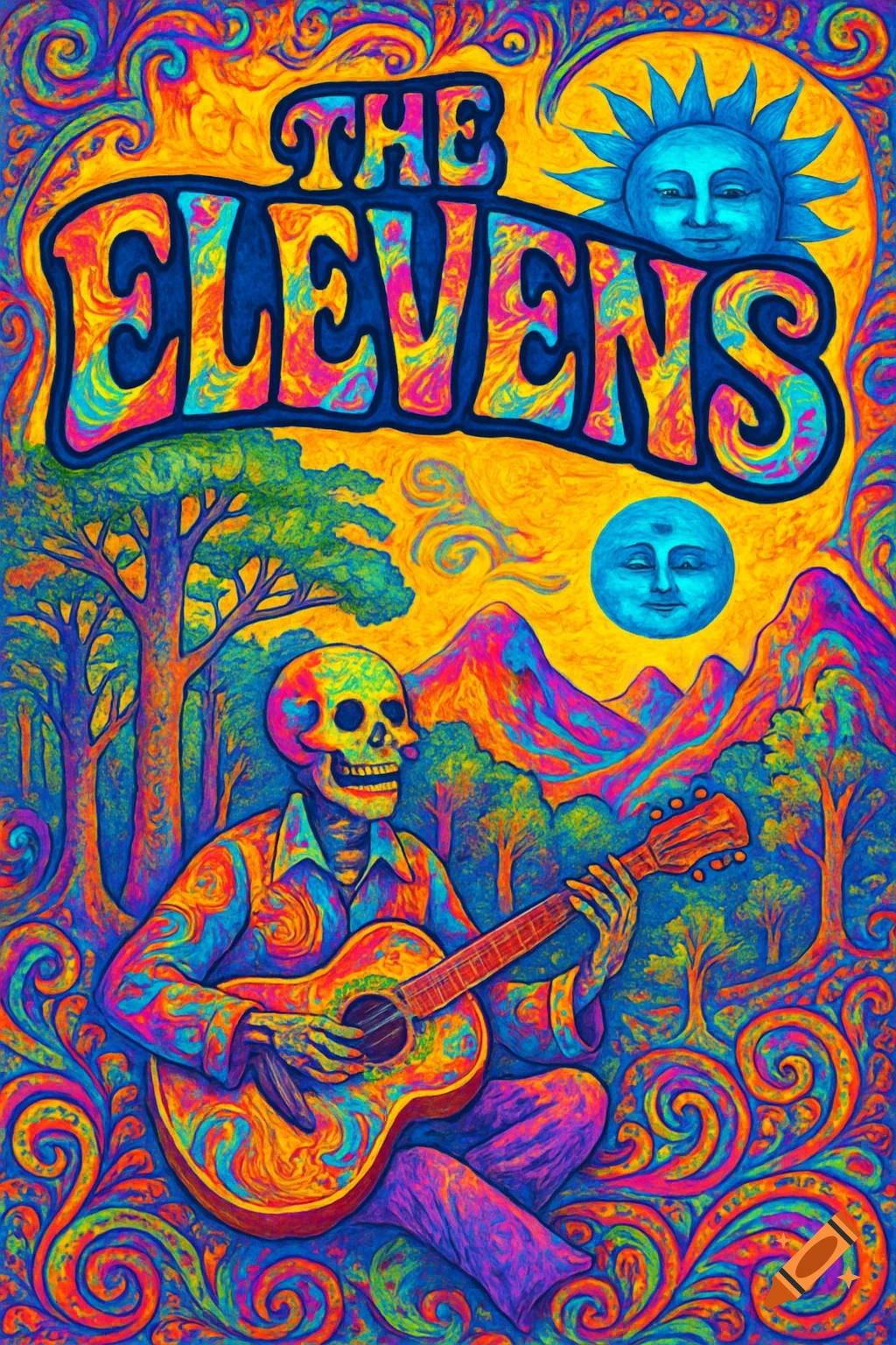 A vibrant, psychedelic poster featuring a skeleton playing a guitar in a swirling forest with blue sun and moon. Text reads "THE ELEVENS".