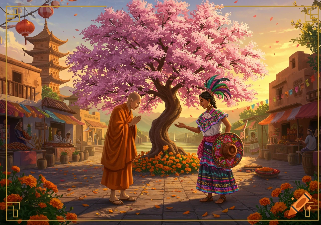 A serene illustration of a Buddhist monk bowing to a woman in traditional Mexican attire under a pink cherry blossom tree.