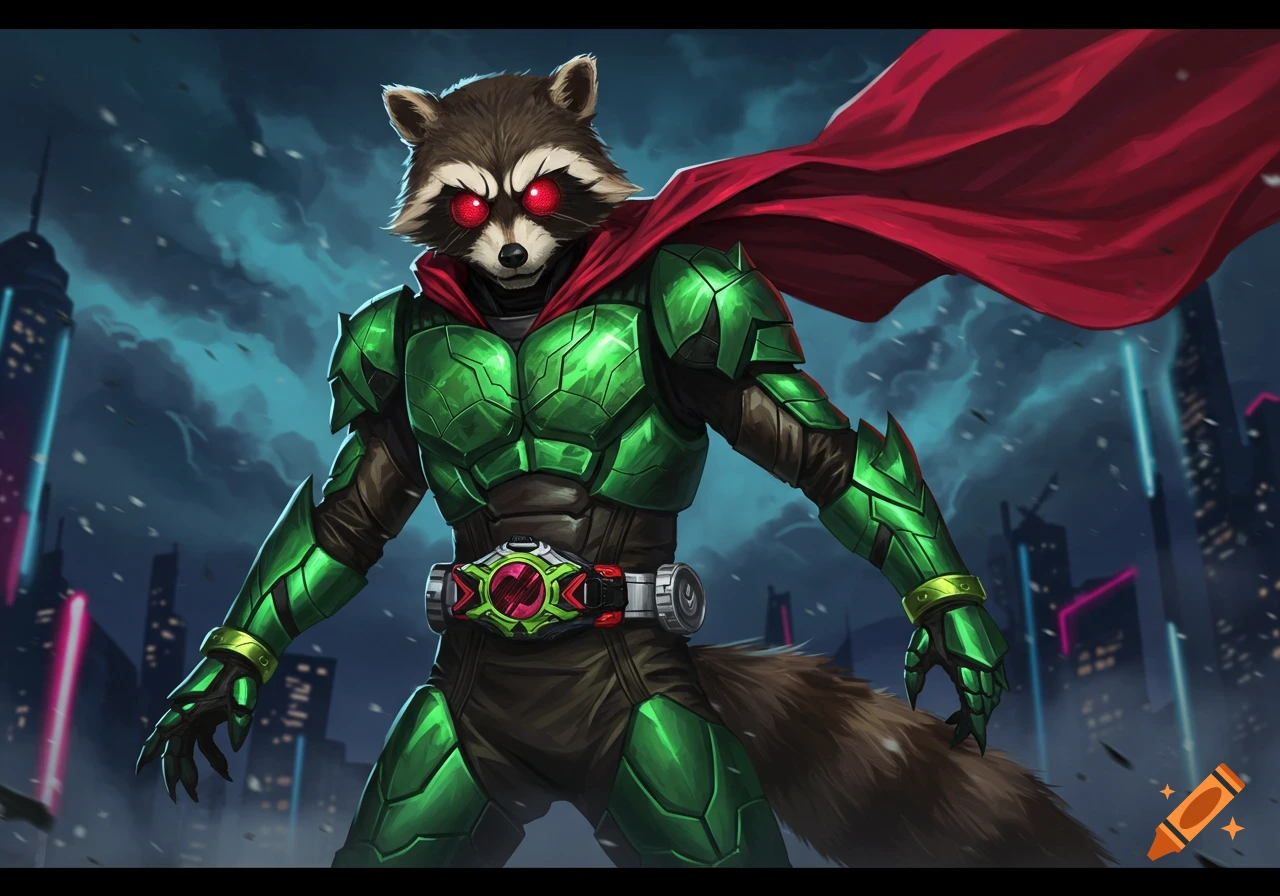 A raccoon-headed superhero in green armor and a red cape stands in a futuristic city at night, with glowing red eyes.