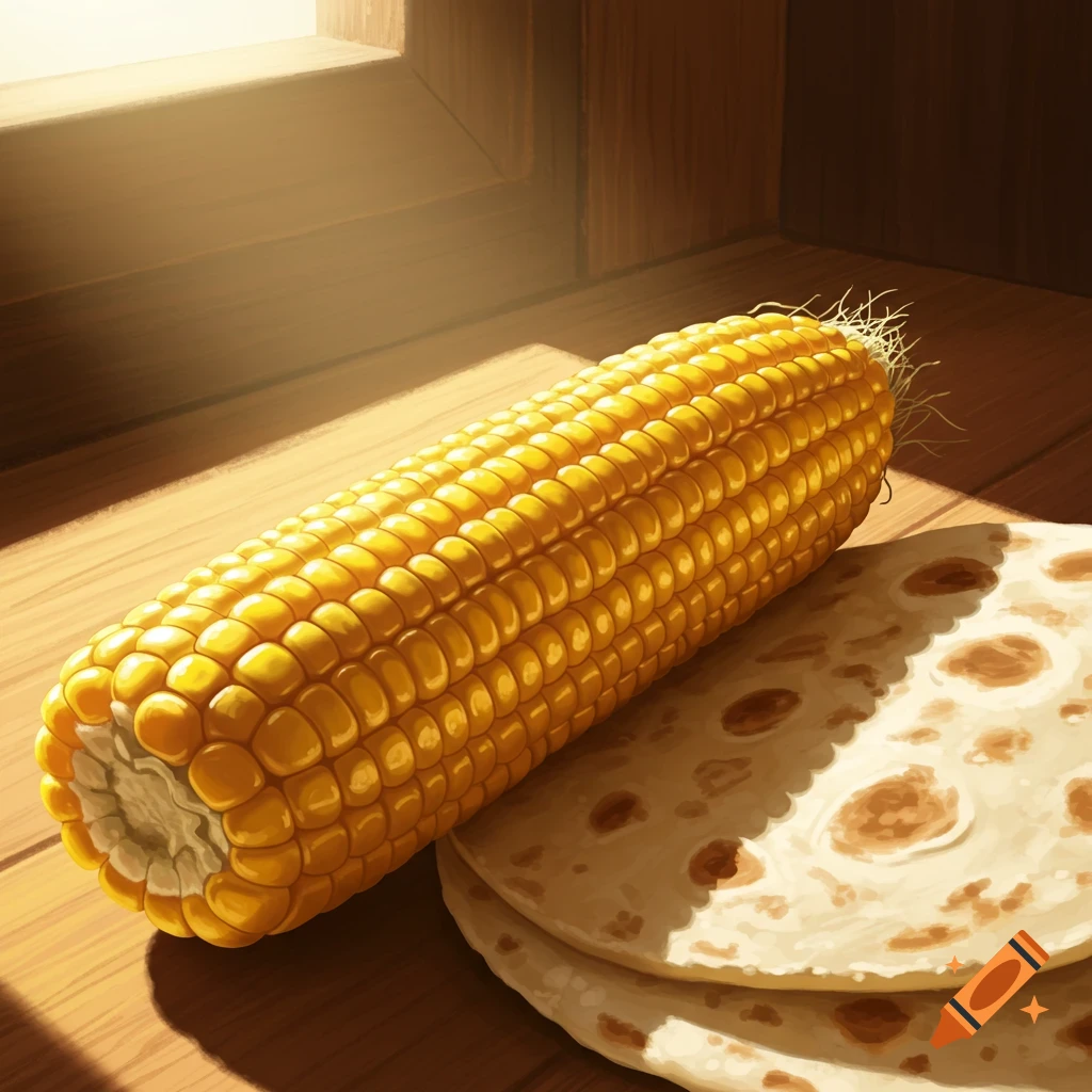 An ear of corn and two tortillas on a wooden table, lit by warm sunlight.