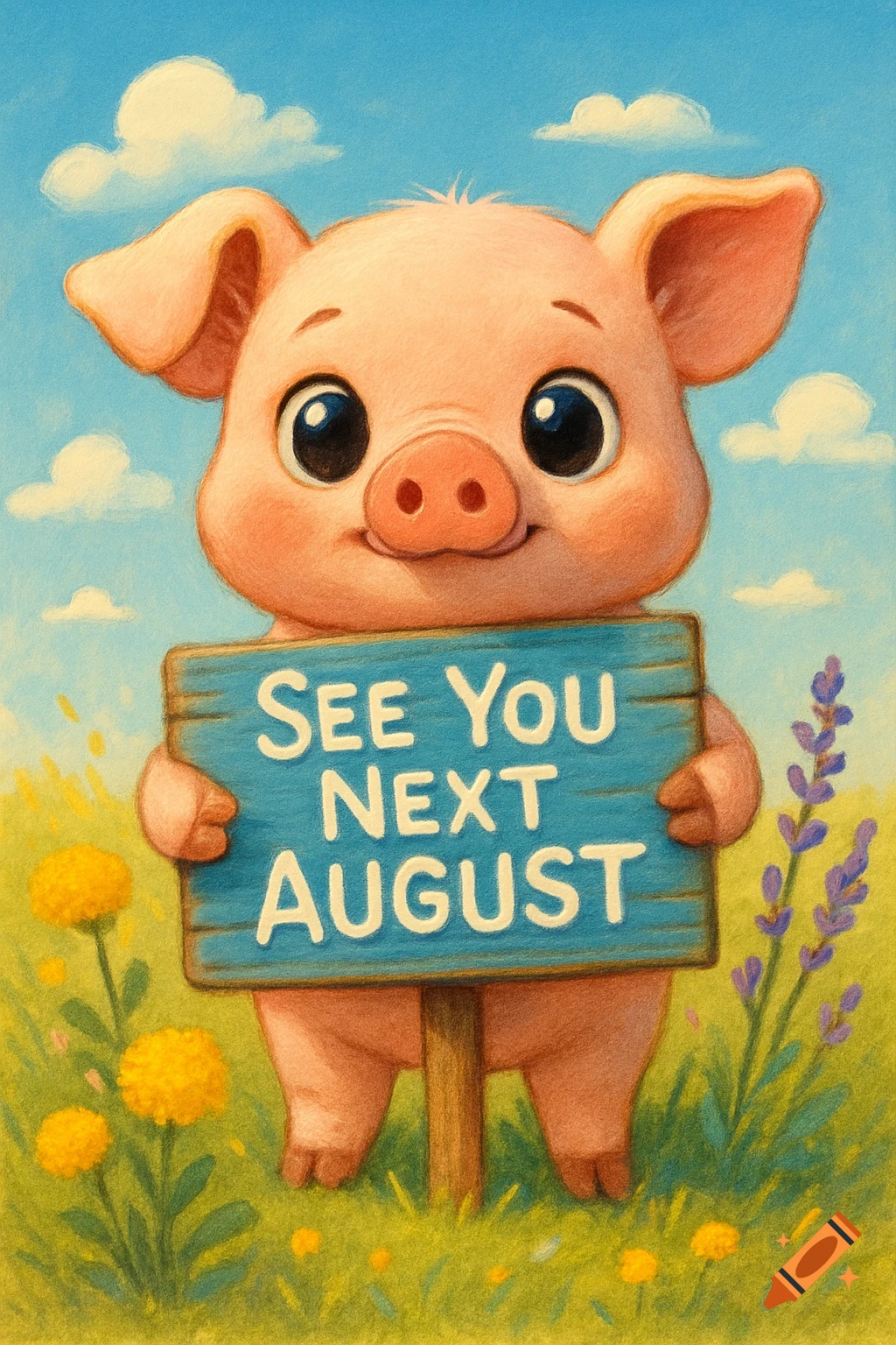 A cute cartoon pig stands in a field holding a blue sign that reads 'SEE YOU NEXT AUGUST' under a bright sky.
