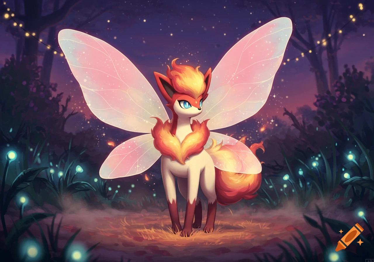 A fox-like creature with fiery fur and large, translucent pink fairy wings stands in a magical, glowing forest at night.
