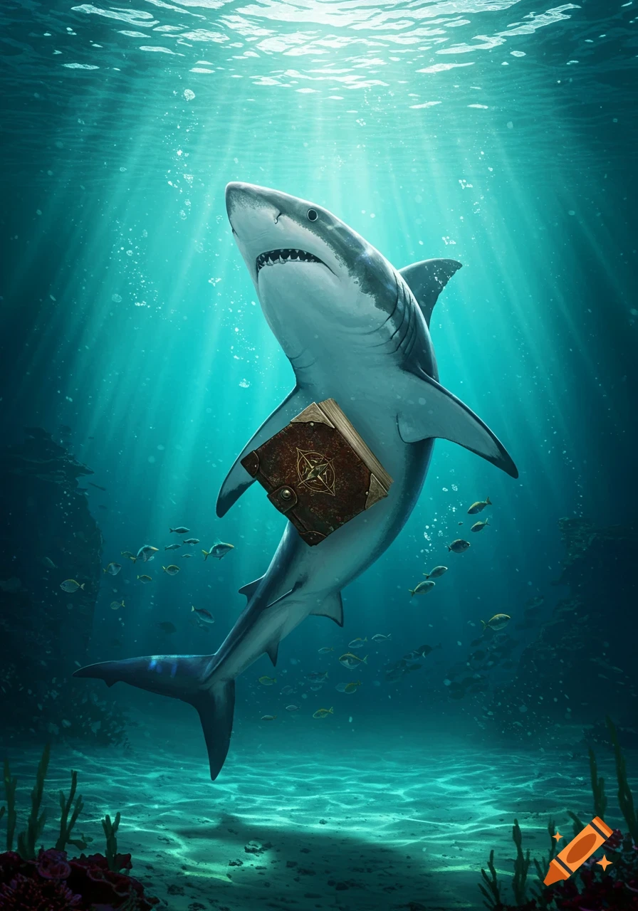 A photorealistic great white shark swims in deep blue water, illuminated by sunbeams, holding an ornate brown leather book.