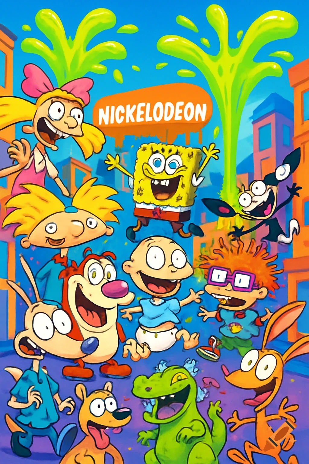 Classic Nickelodeon cartoon characters including SpongeBob, Arnold, Tommy, Chuckie, Ren, Stimpy, Rocko, Heffer, CatDog, Oblina, and Reptar celebrating under green slime.